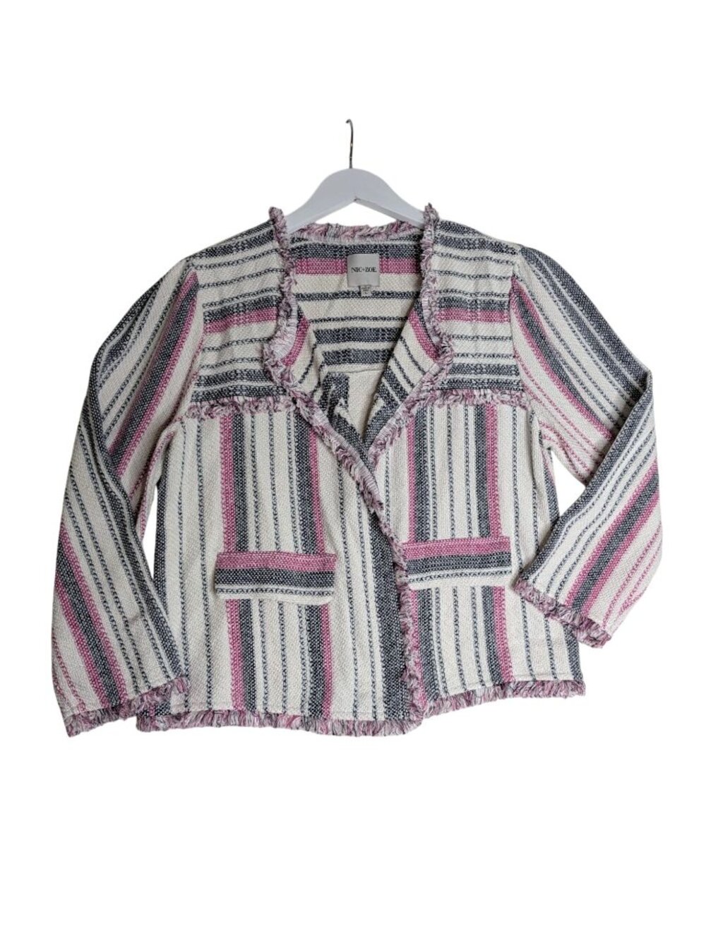 NIC+ZOE Voyage Textured Fringe Tweed Jacket Pink & Blue Striped Size L - Picture 6 of 14